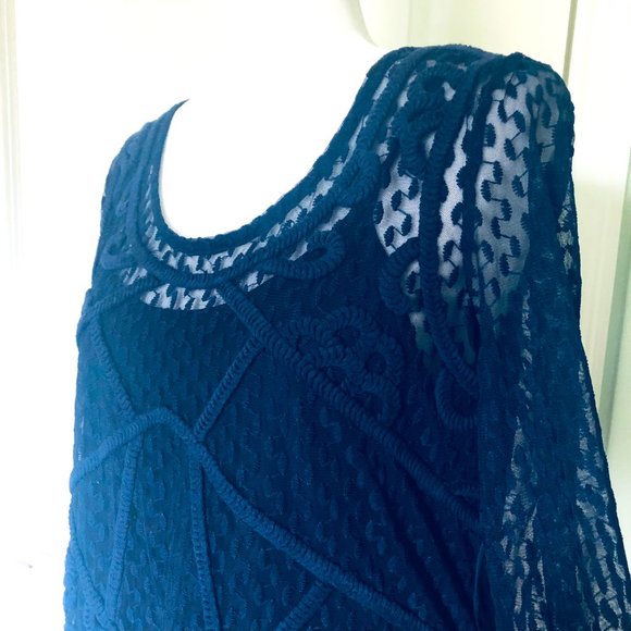 INC INTERNATIONAL CONCEPTS Bobbi + Bricka Navy Lace Front Sheer Long Sleeves NWT - Picture 4 of 5